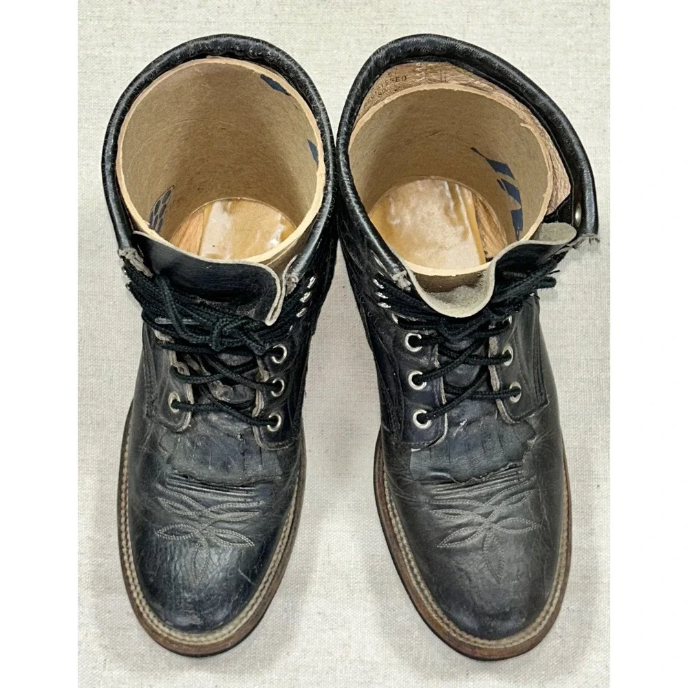 Vintage Justin Men's 8 1/2 B Black Leather Boots Lace‎ Up Speed Lacing Made USA